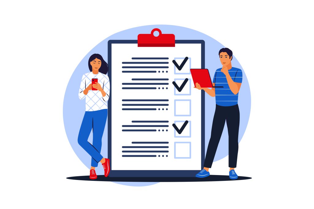Customers filling up survey form. Vector illustration. Flat